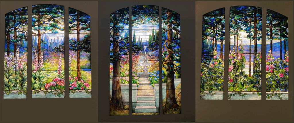 Three-part Garden Landscape created at the studios of Louis Comfort Tiffany